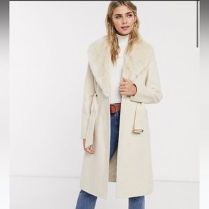 Cream Miss Selfridge tailored coat with detatchable faux fur trim, size US 4